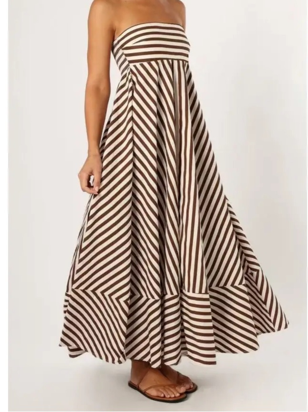 Rosa Clothing Fit &Flare Bandeau Strapless Maxi Striped Dress Brown and Cream XL
